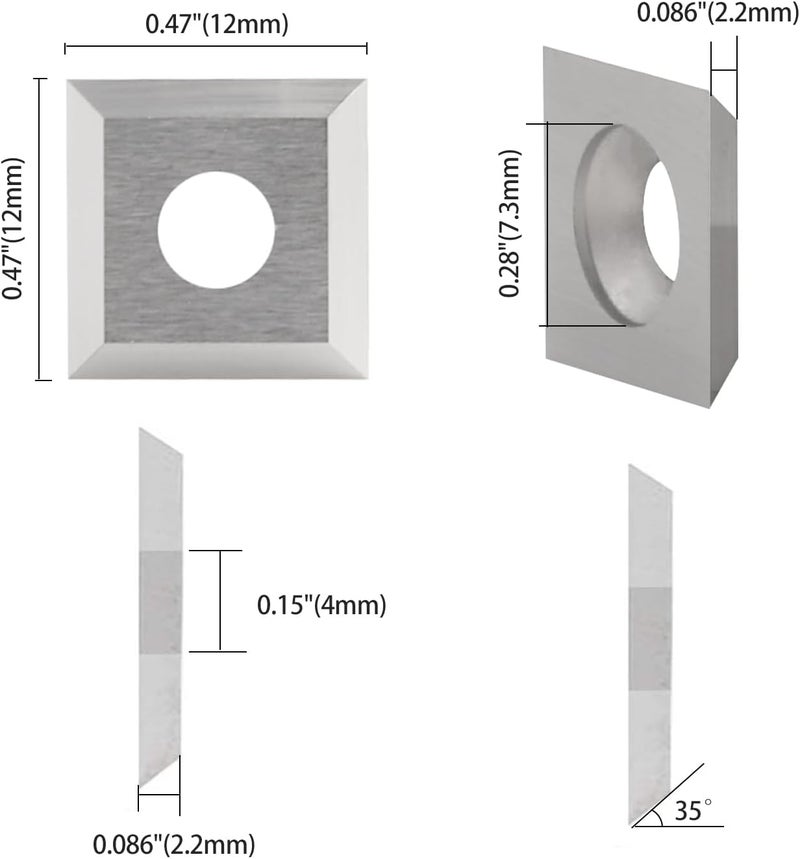 HOZLY Square Corners 12mm Carbide Inserts, 12mm Length x 12mm Width x 2.2mm Thick, 35 Degree Cutting Angle, 4-Blade Straight Hole, Suitable for Replacing Helical Planer Cutter Heads (12 * 12 * 2.2mm) - Image 2